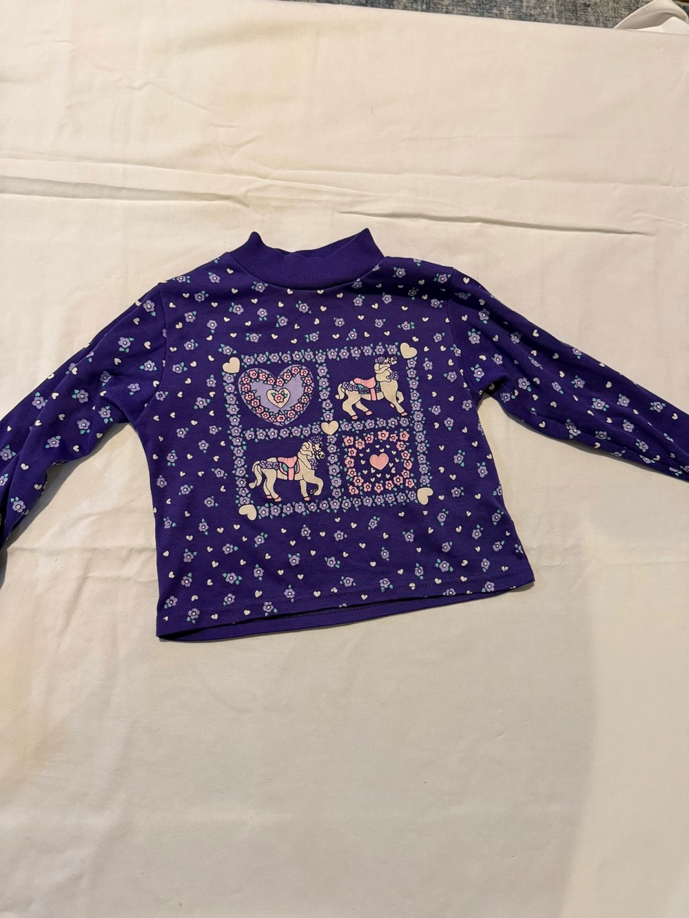 Vintage 1990s made in USA Girls' Purple Long-Sleeve Tee with Ponies/Heart Motif